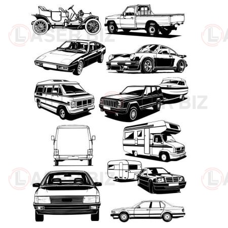 Набор чёрно-белых изображений автомобилей