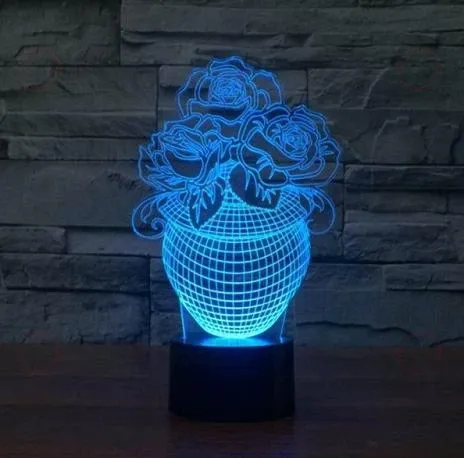 Роза в вазе 3d иллюзионная лампа светодиодные ночники